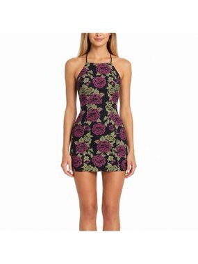NBD Mini Fitted Dress Size XS Jacquard Floral Rose Strappy Lace Up Back Halter